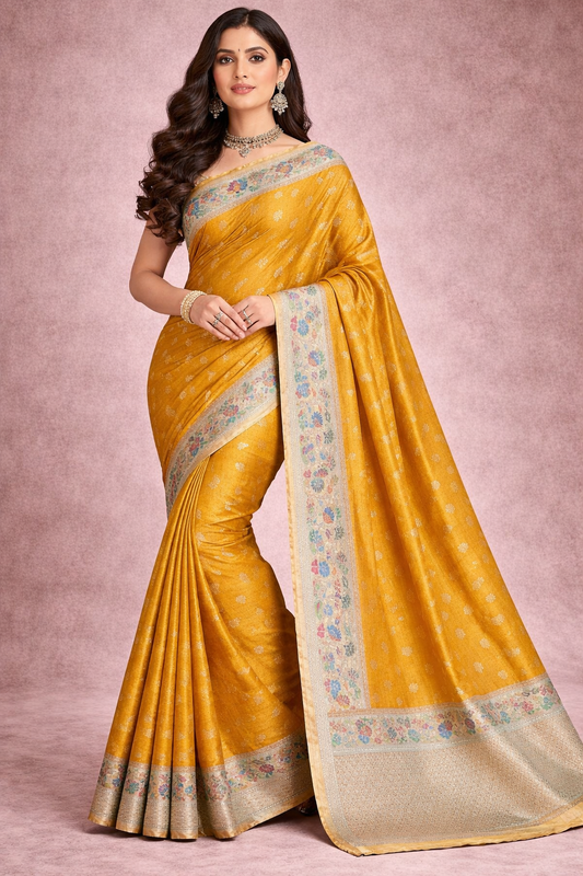 Mustard Chiniya Silk Saree with Floral Border