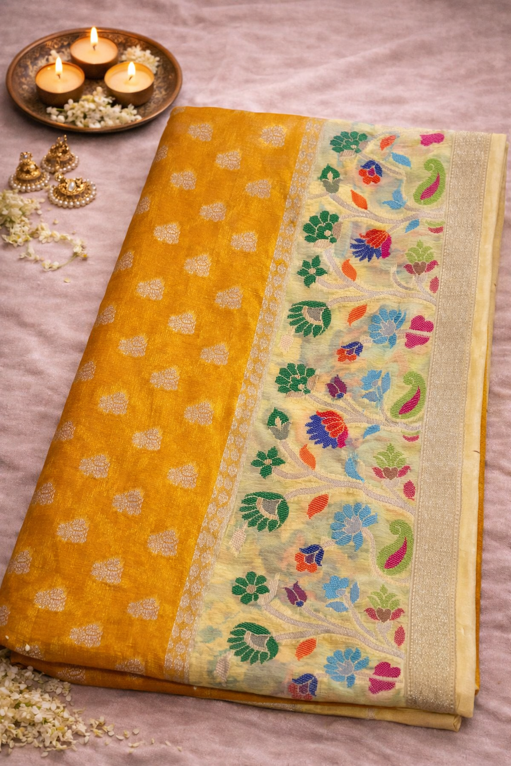 Mustard Chiniya Silk Saree with Floral Border.