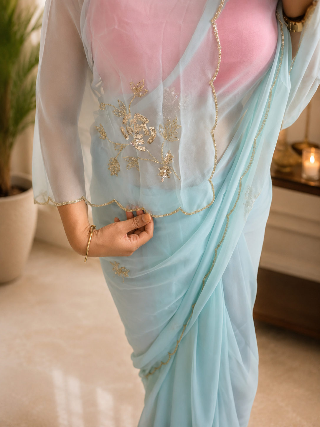 Sky Blue Royal Georgette Saree with Cut Dana Handwork