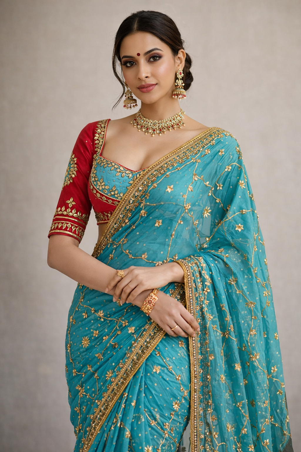Turquoise Chiffon Gota Patti Saree with Ready Aangi Blouse.
