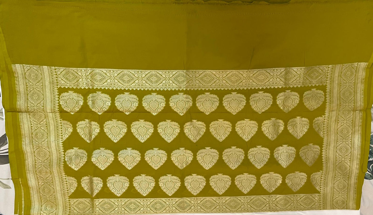 Pure Banarasi Khaddi Georgette Saree in Olive Green with Gold Zari Motifs tvisa