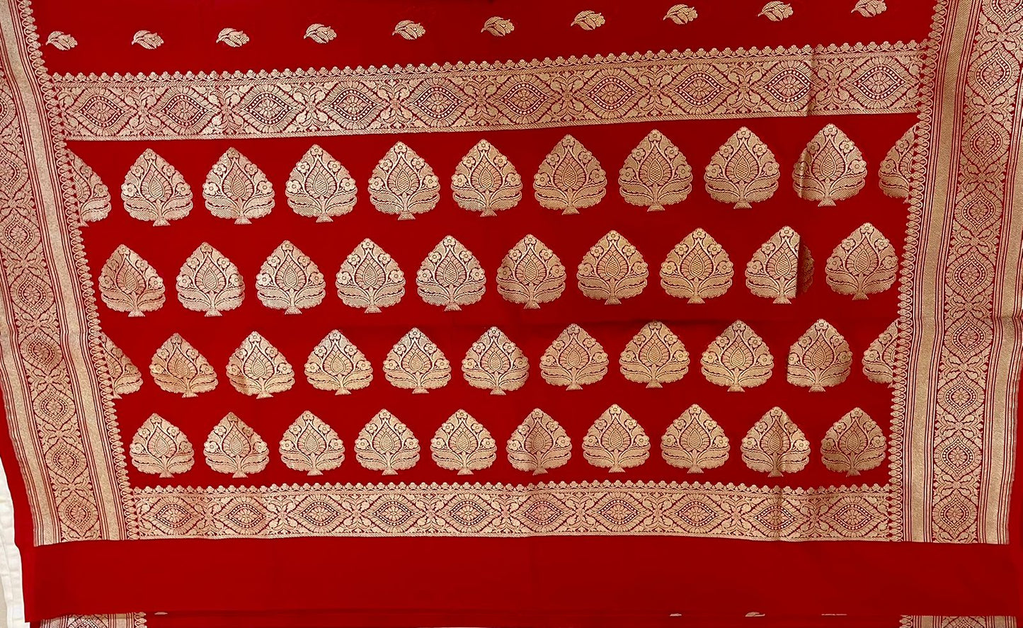 Pure Banarasi Khaddi Georgette Saree in Deep Red with Gold Zari Motifs.