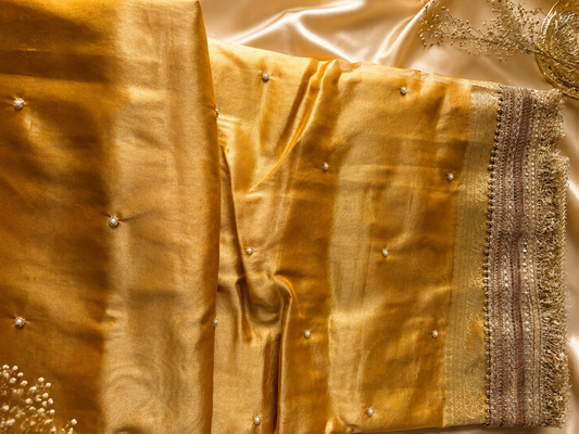 Royal Yellow Tissue Silk Saree with Handwork & Pearl Detailing