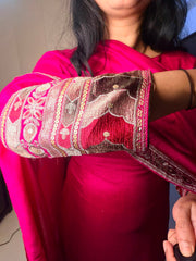 Hot Pink Raw Silk Embroidered Kurta Pant Set with Dupatta
