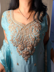 Aqua Blue Embroidered Silk Kurta Set