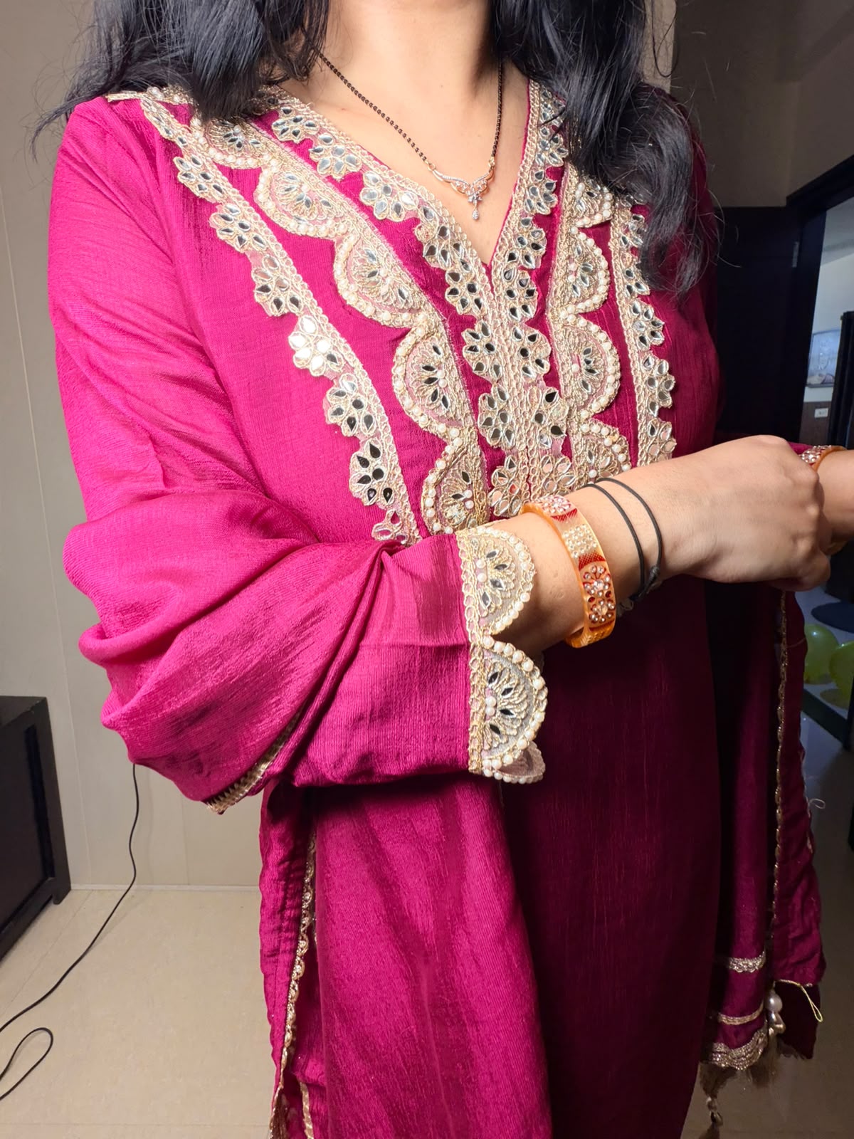 Wine Embroidered Silk Kurta Set with Dupatta