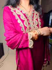 Wine Embroidered Silk Kurta Set with Dupatta