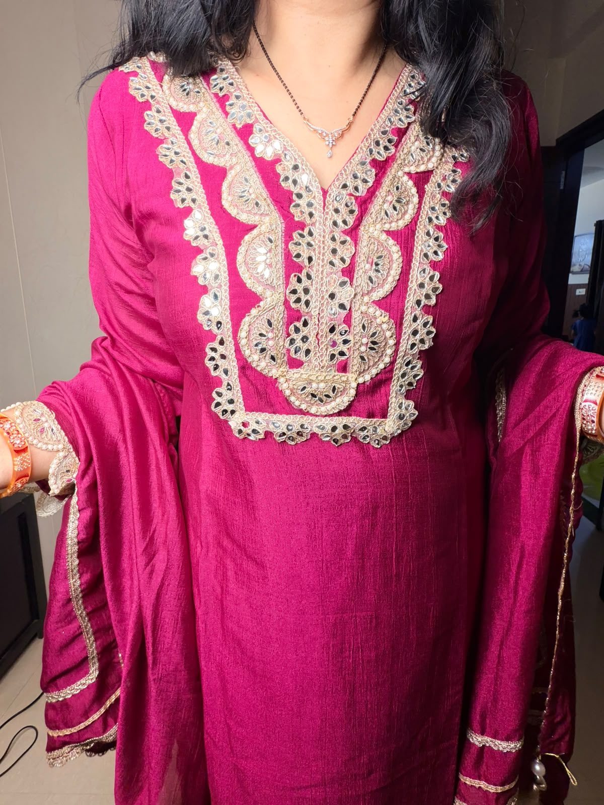 Wine Embroidered Silk Kurta Set with Dupatta