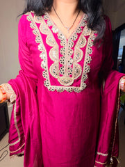 Wine Embroidered Silk Kurta Set with Dupatta