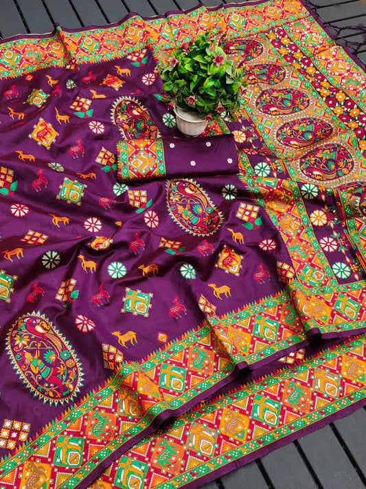 Purple soft pashmina silk saree with woven design.