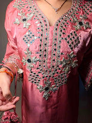 Tissue Silk Embroidered Kurta Set with Matching Potli