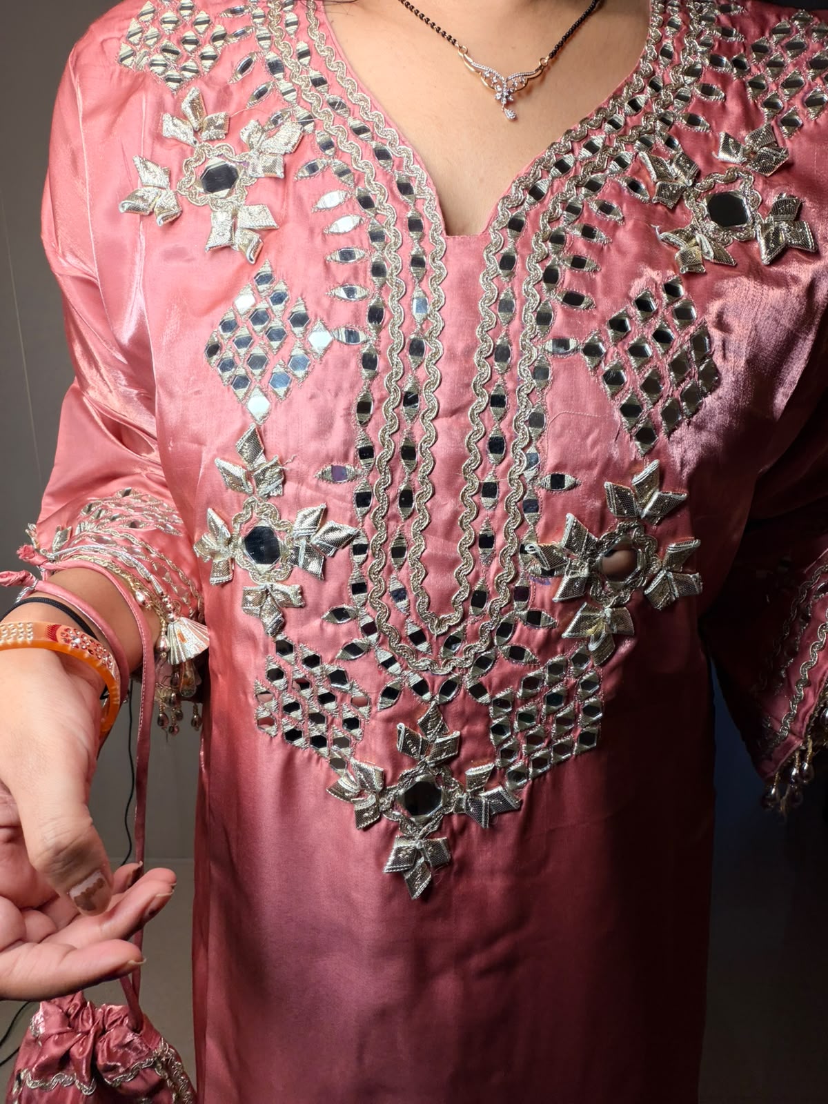 Tissue Silk Embroidered Kurta Set with Matching Potli