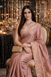Blush Pink Tissue Silk Saree with Gold Chikankari Work tvisa