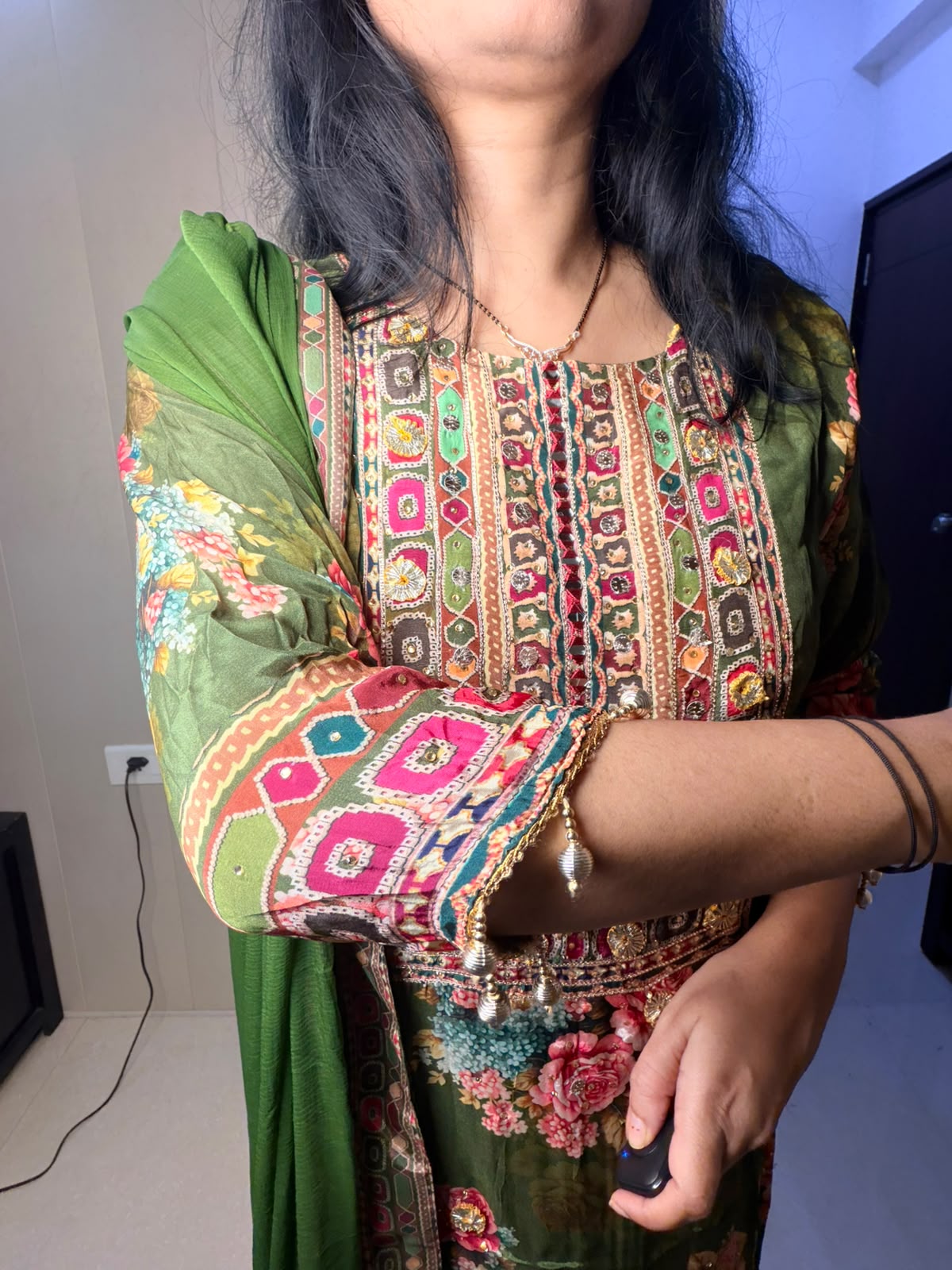 Olive Green Pure Crepe Embellished Kurta Pant Set
