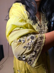 Lime Green Mirror Work Kurta Set with Palazzo & Dupatta