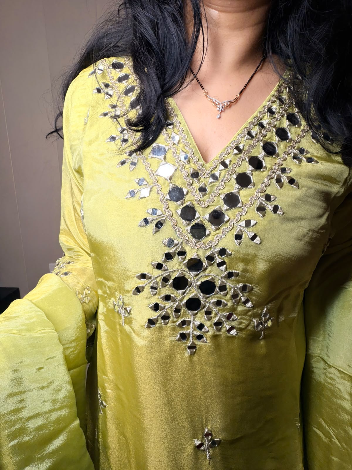Lime Green Mirror Work Kurta Set with Palazzo & Dupatta
