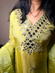 Lime Green Mirror Work Kurta Set with Palazzo & Dupatta