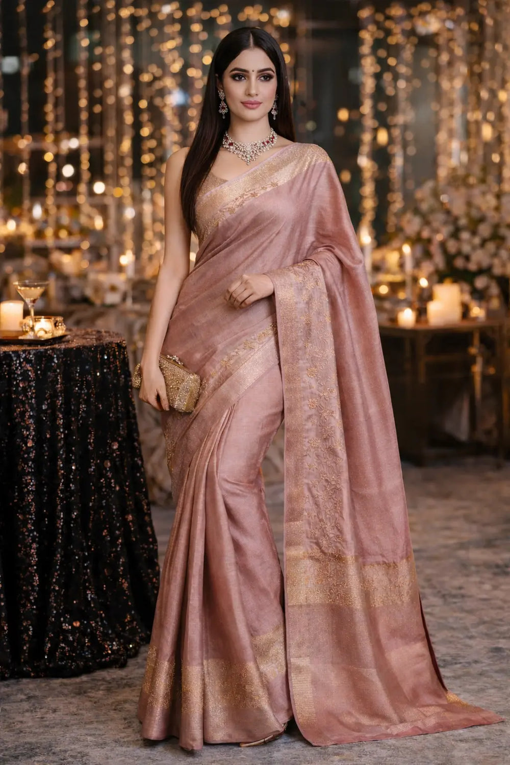 Blush Pink Tissue Silk Saree with Gold Chikankari Work