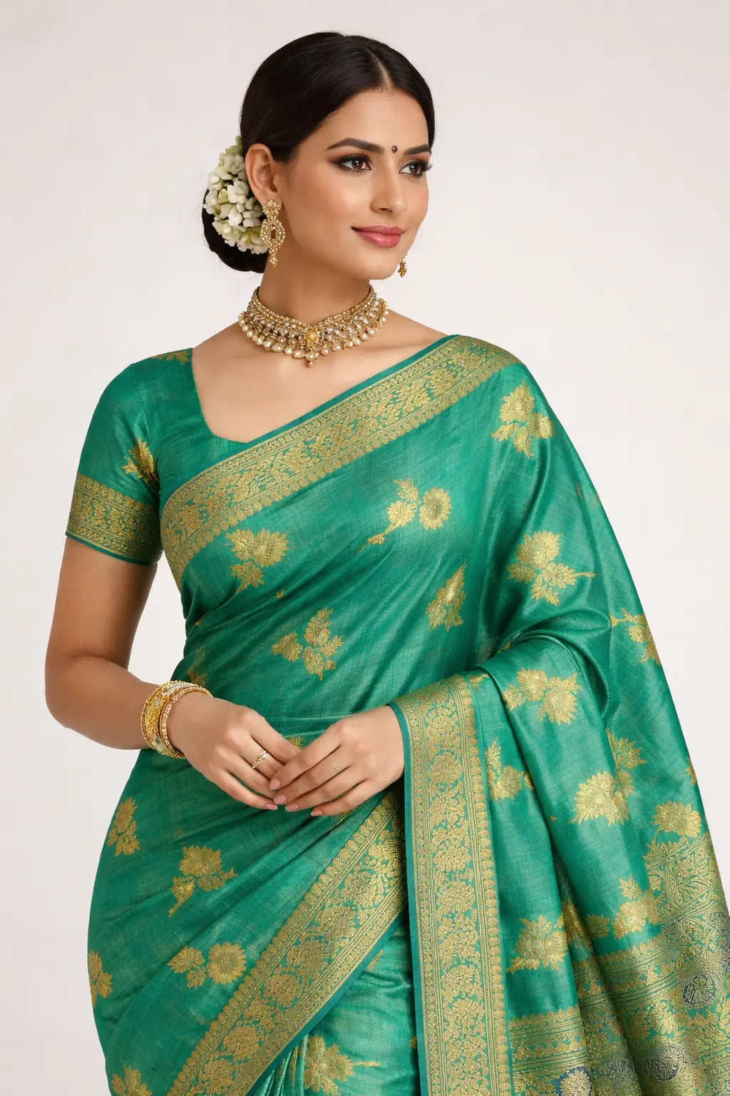 Emerald Green Raw Silk Saree Unique Threads