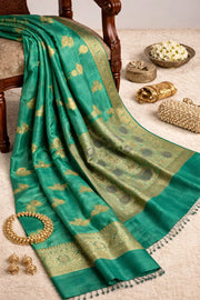 Emerald Green Raw Silk Saree Unique Threads