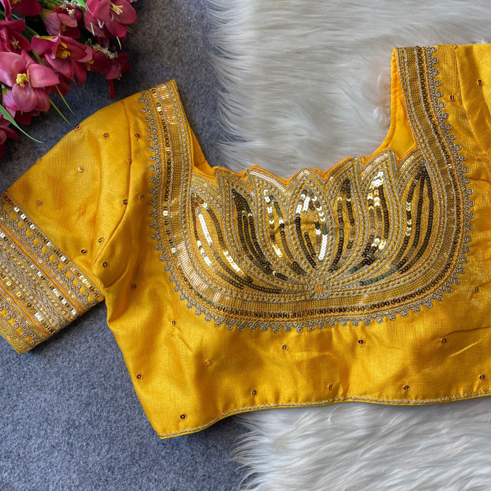 Heavy milan silk with embroidery work yellow color blouse