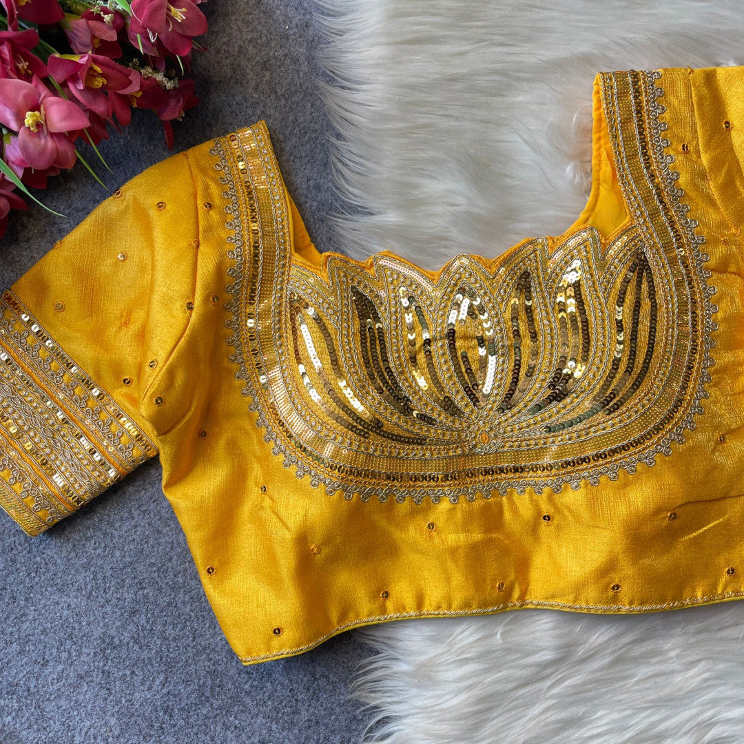 Heavy milan silk with embroidery work yellow color blouse.