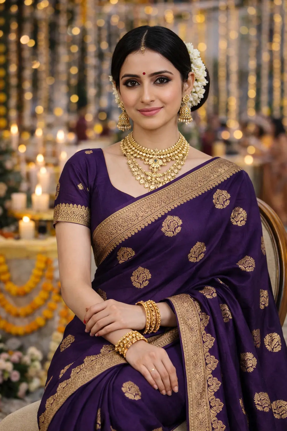 Royal Purple Silk Saree with Gold Zari Motifs