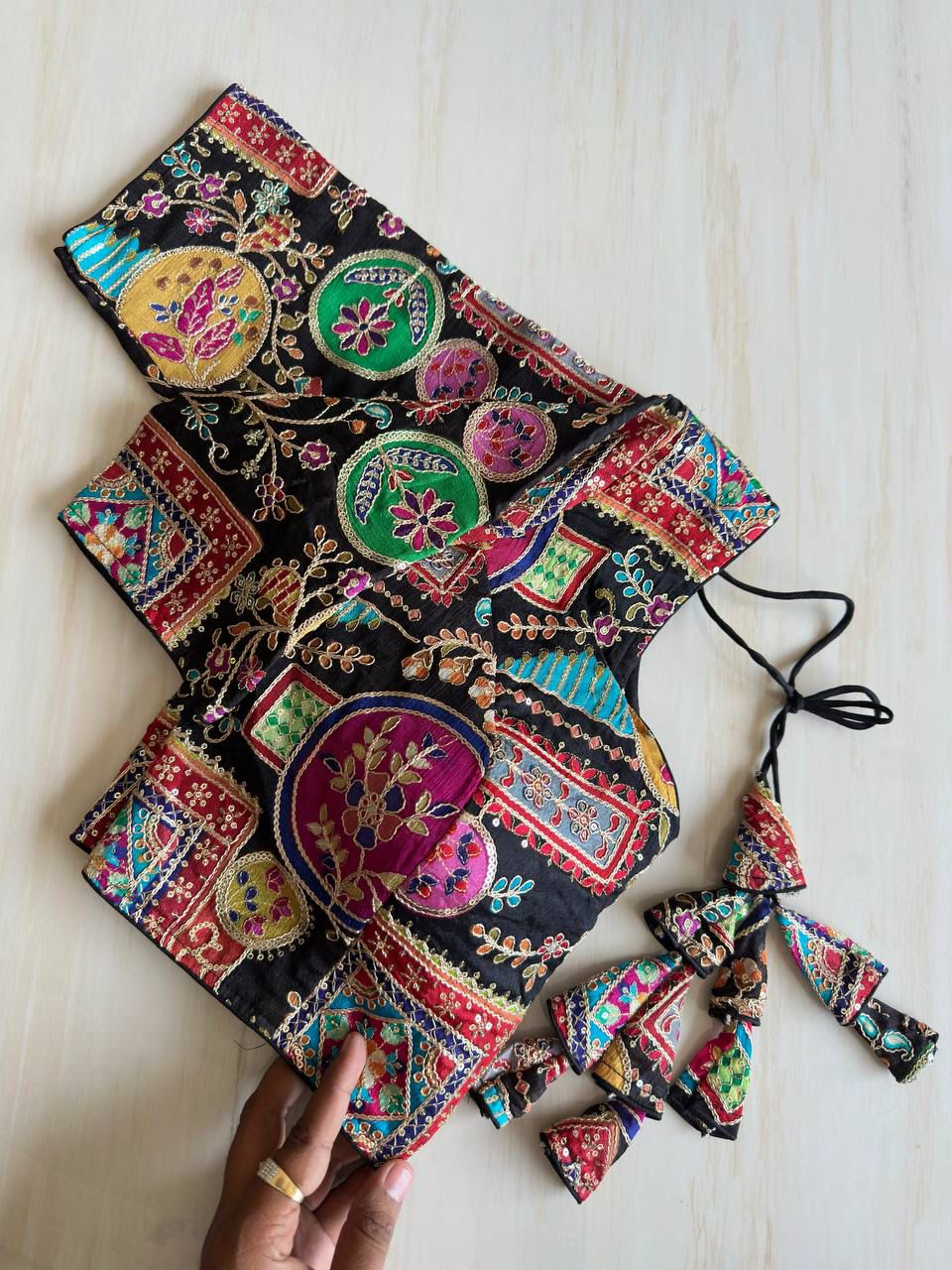 Black color pure chinon cotton readymade blouse with embroidery and sequence work.