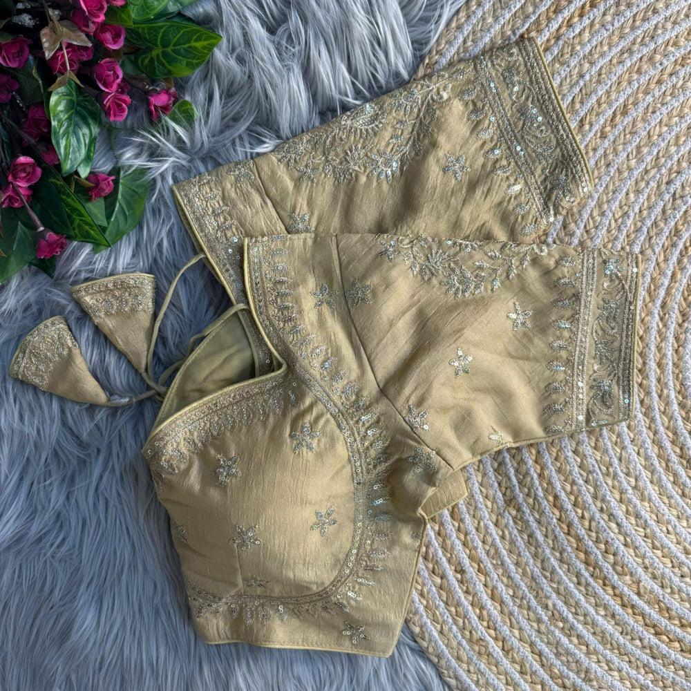 Beige color pure vichitra silk blouse with zari sequence work