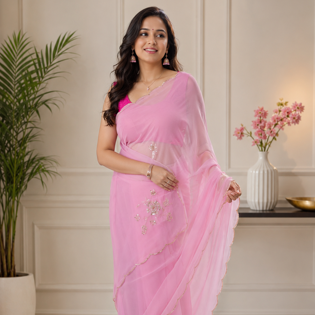 Baby pink georgette saree with cut dana hand embroidery - front view
