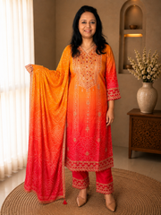 Orange and Pink Bandhani Embroidered Kurta Set