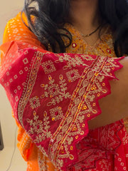 Orange and Pink Bandhani Embroidered Kurta Set