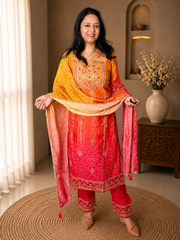 Orange and Pink Bandhani Embroidered Kurta Set