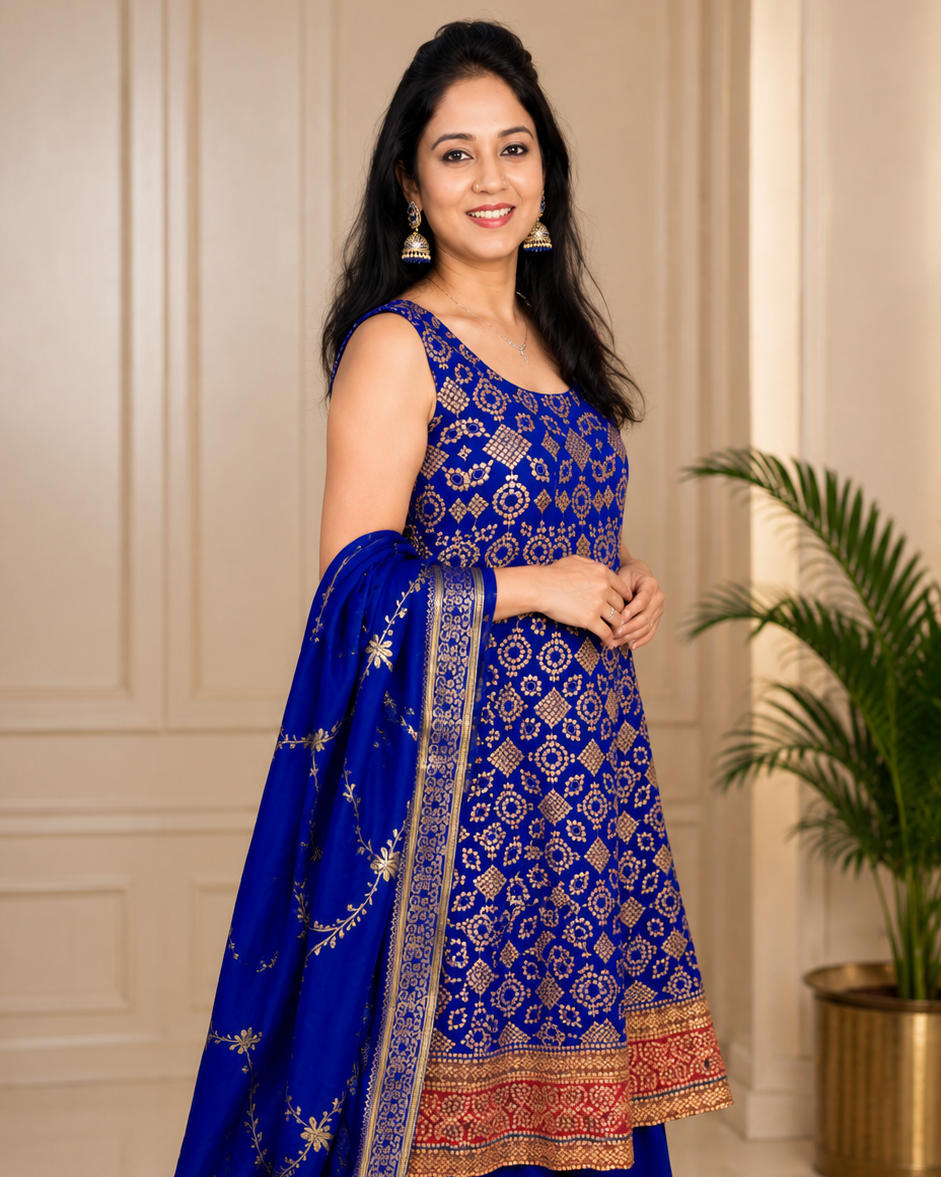 Royal Blue Gota-Embroidered Anarkali Set