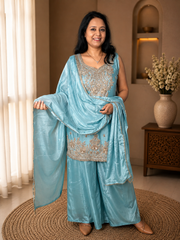 Aqua Blue Embroidered Silk Kurta Set