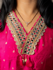 Rani Pink Embroidered Kurta Set with Mirrorwork Neckline