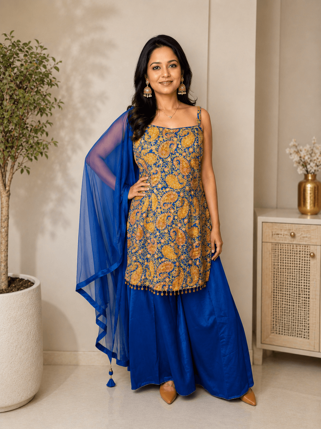 Royal Blue & Gold Paisley Printed Kurta Set