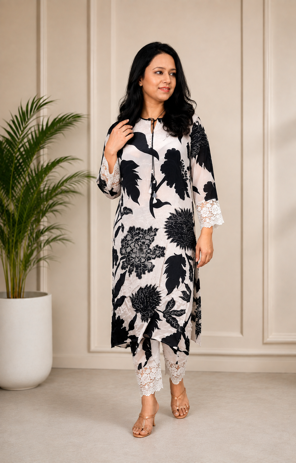 Black & White Floral Kurta Set