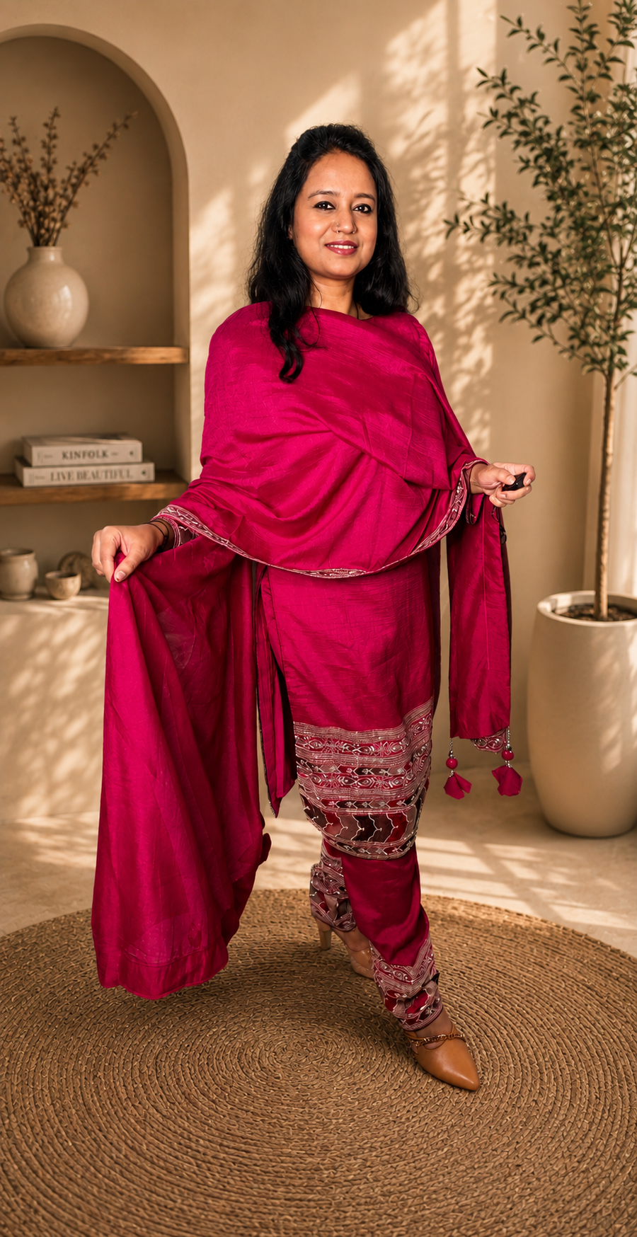 Hot Pink Raw Silk Embroidered Kurta Pant Set with Dupatta