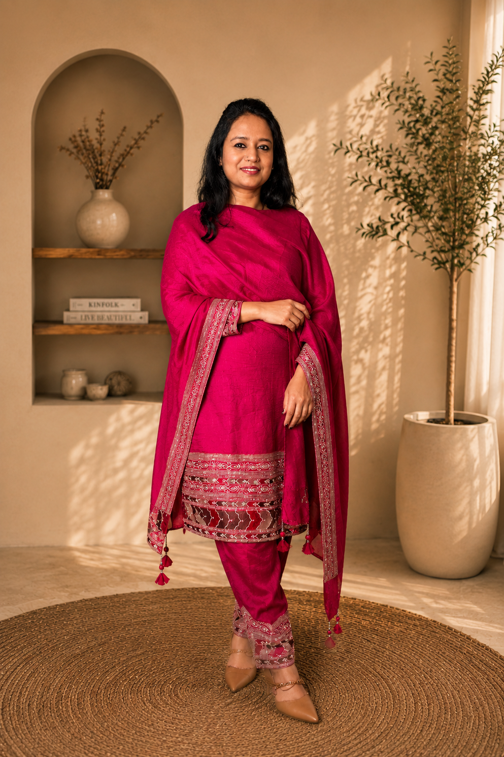 Hot Pink Raw Silk Embroidered Kurta Pant Set with Dupatta