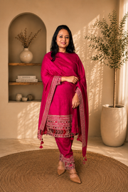 Hot Pink Raw Silk Embroidered Kurta Pant Set with Dupatta