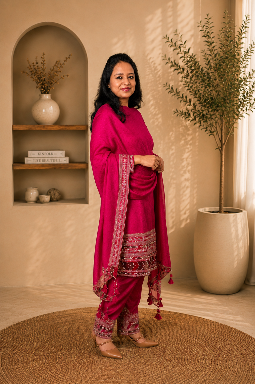 Hot Pink Raw Silk Embroidered Kurta Pant Set with Dupatta