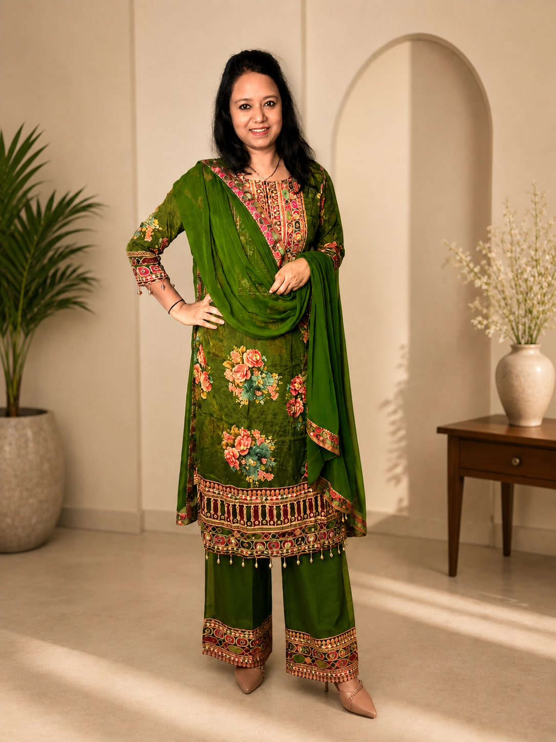 Olive Green Pure Crepe Embellished Kurta Pant Set