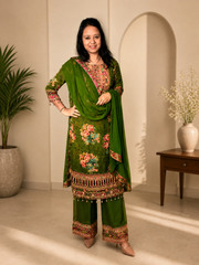 Olive Green Pure Crepe Embellished Kurta Pant Set