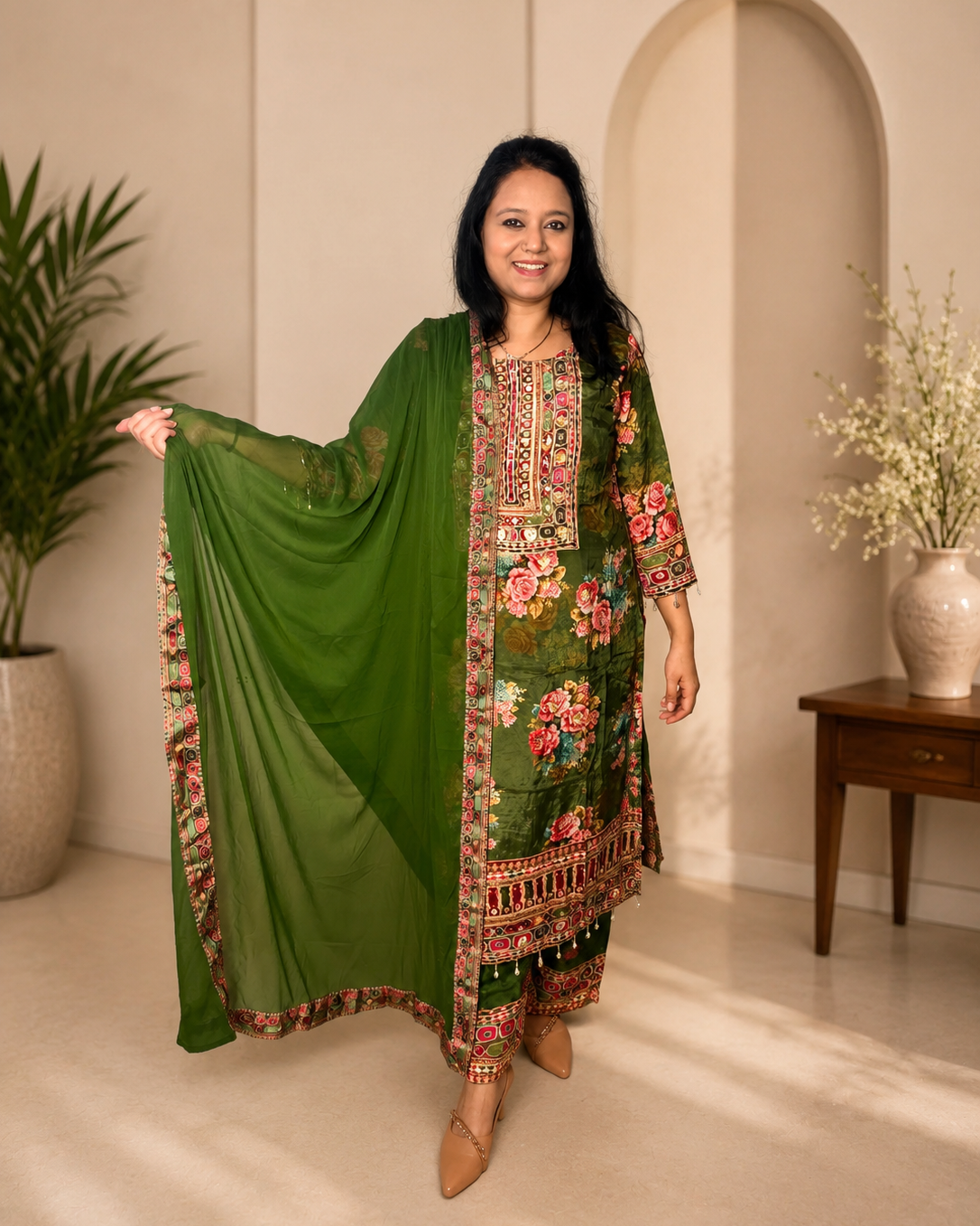 Olive Green Pure Crepe Embellished Kurta Pant Set
