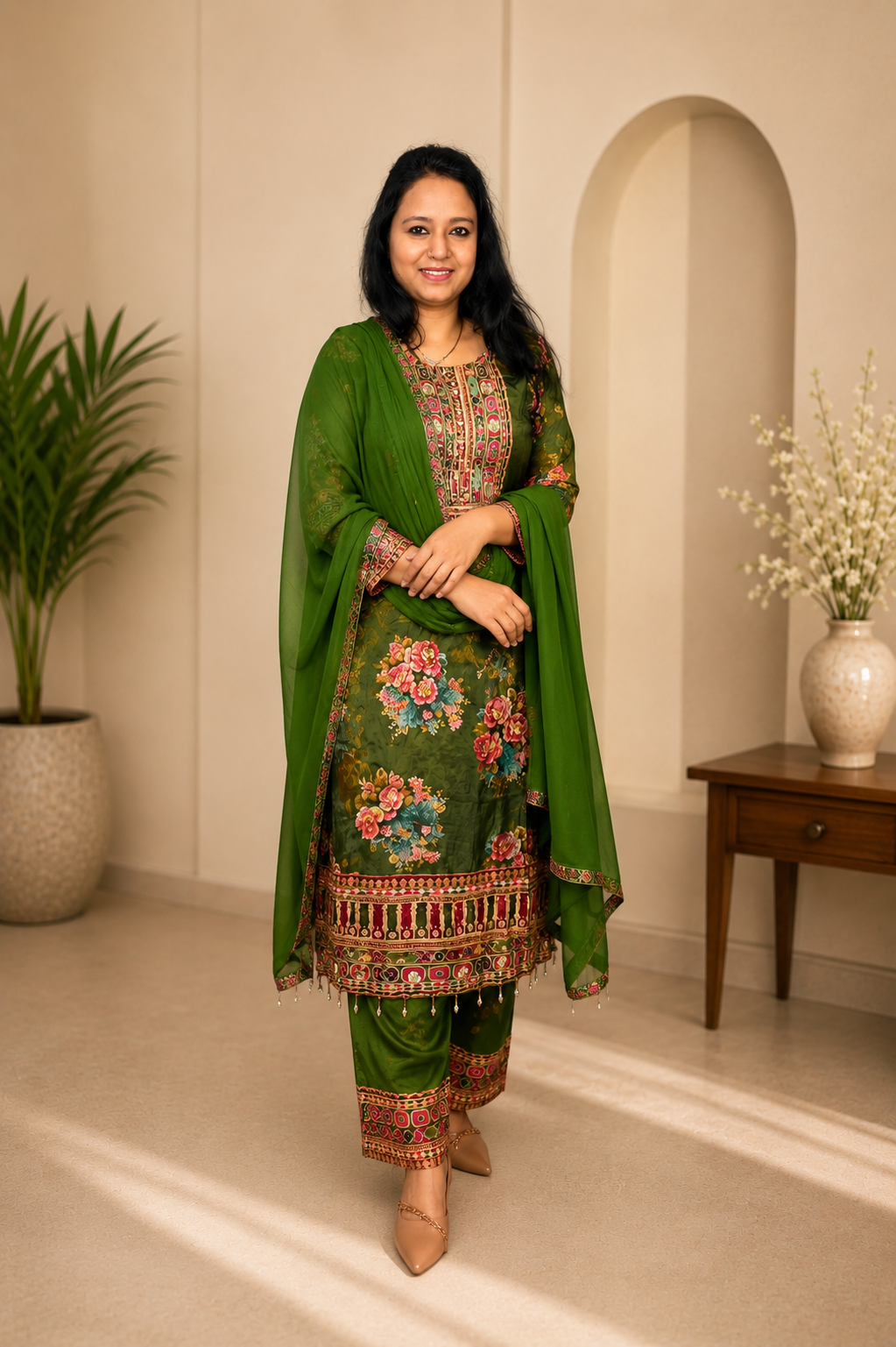 Olive Green Pure Crepe Embellished Kurta Pant Set