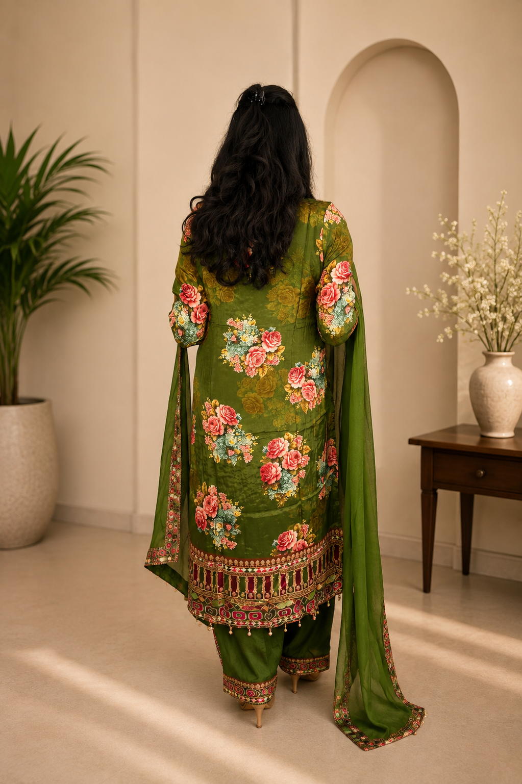 Olive Green Pure Crepe Embellished Kurta Pant Set