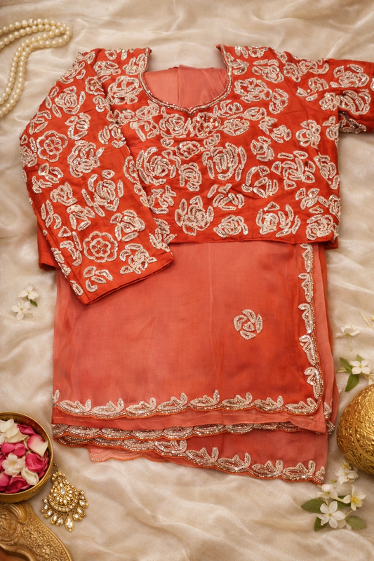 Organza Ombre Orange Designer Saree with Ready Blouse.