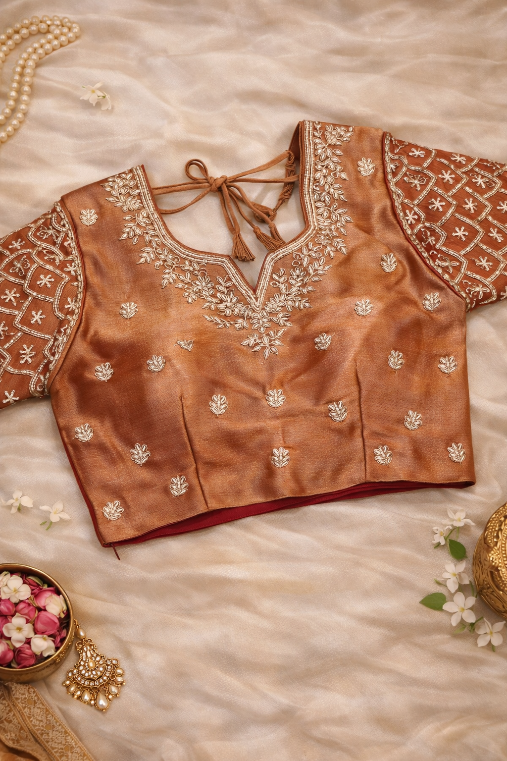 Tissue Silk Pearl Border Saree with Ready Blouse.