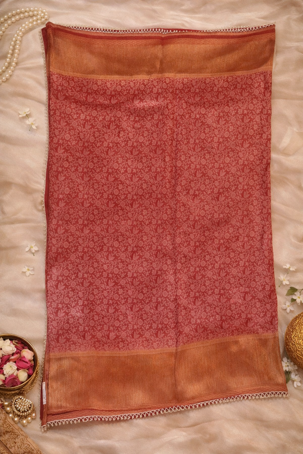 Tissue Silk Pearl Border Saree with Ready Blouse.